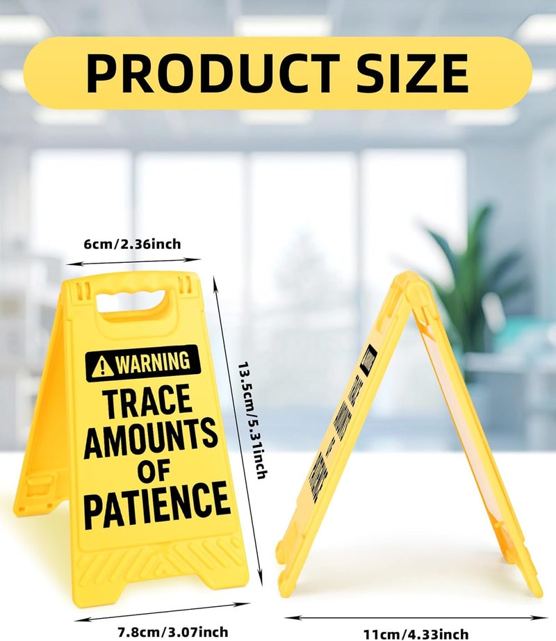 EXUBERIUM Warning Trace Amounts of Patience Funny Reminder Desk Sign Yellow Warning Style Office Table Decorative Gift for Coworkers Friends Home Workspace Phone Holder Mirror Acrylic Cubicle Tabletop Sign - Image 2